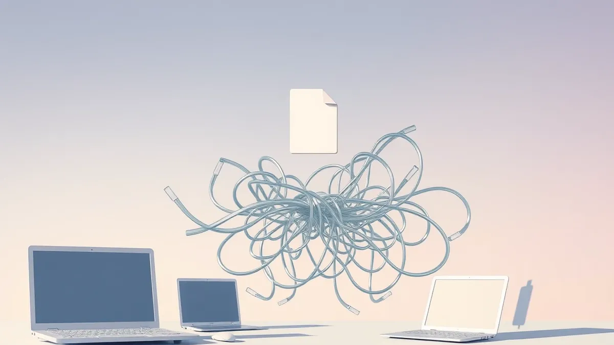 Illustration: A single software patch file hovers precariously above a tangled web of fragile glass tubes.