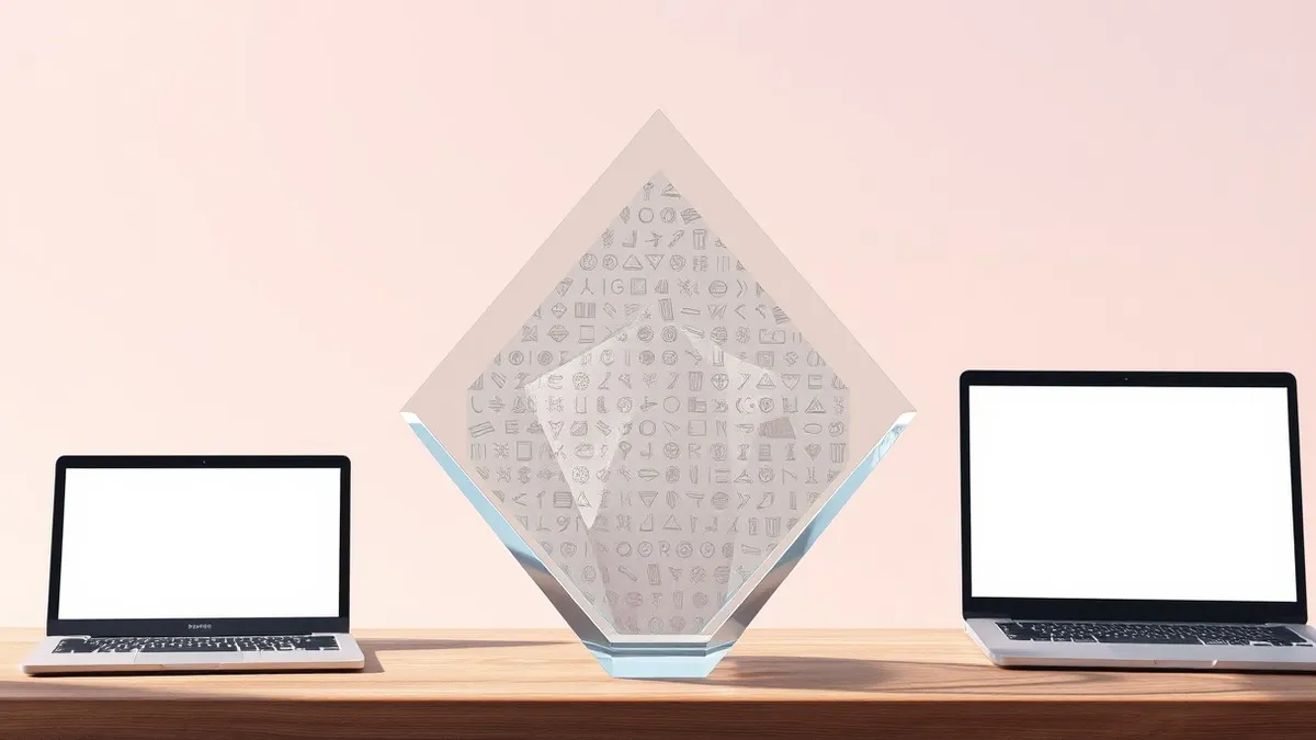 Illustration: A clear glass diamond shape rests on a wooden desk, catching soft light.