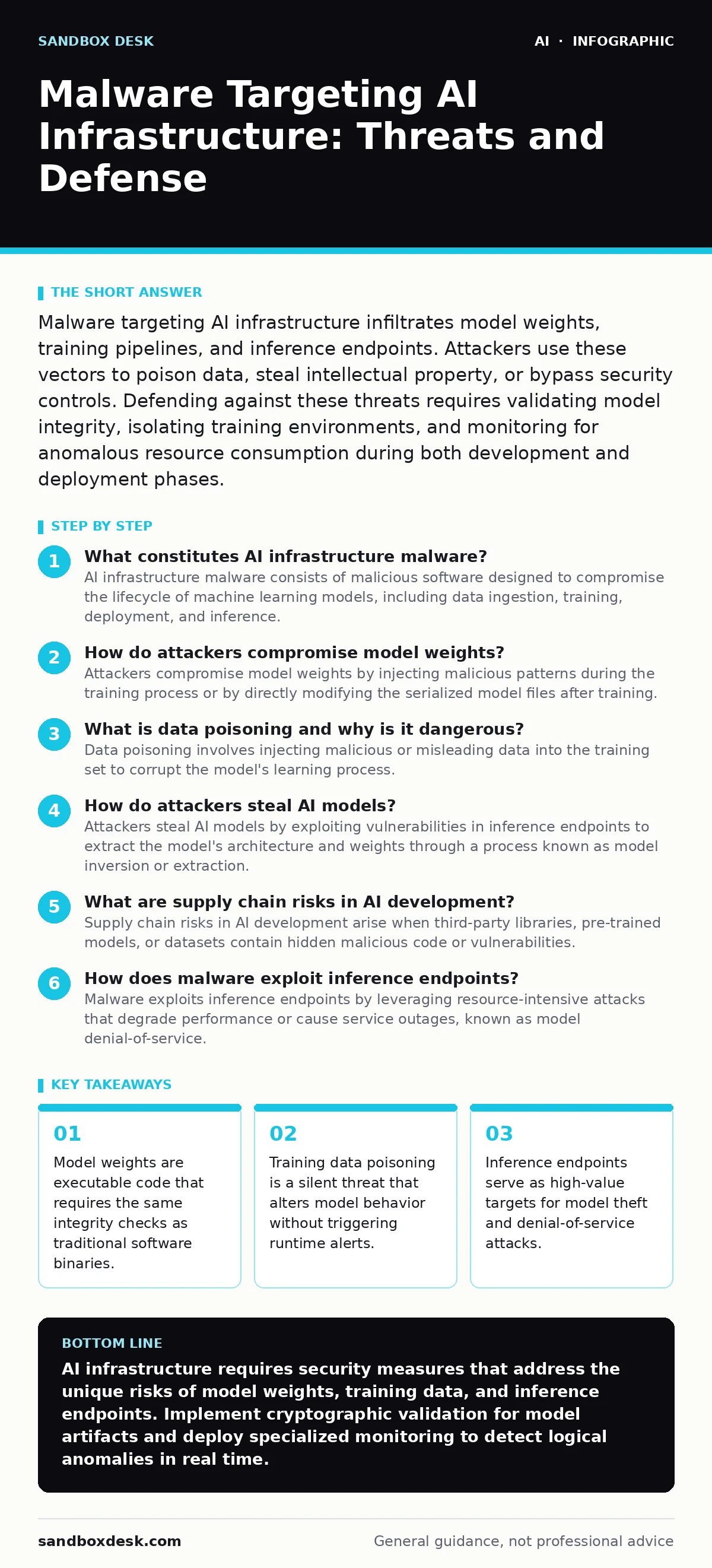 Infographic: Malware Targeting AI Infrastructure: Threats and Defense. Model weights are executable code that requires the same integrity checks as traditional software binaries. Training data poisoning is a silent threat that alters model behavior without triggering runtime alerts. Inference endpoi