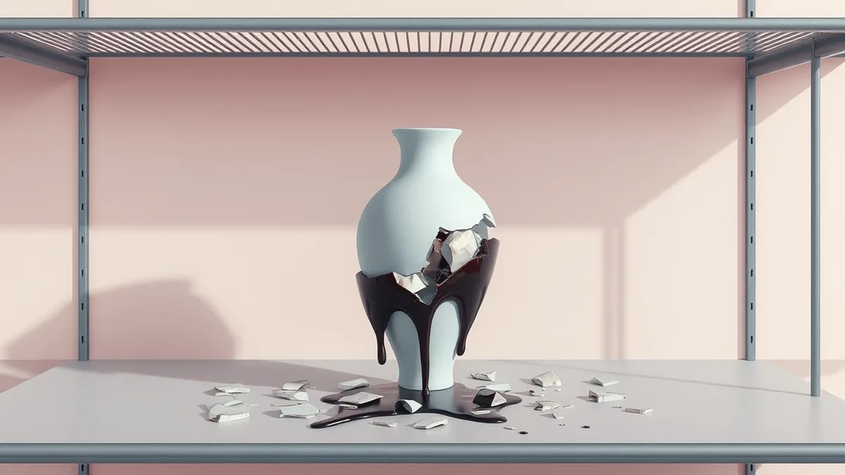 Illustration: A cracked ceramic vase sits on a metal shelf, with shattered pieces forming a jagged, abstract pattern on the floor below.