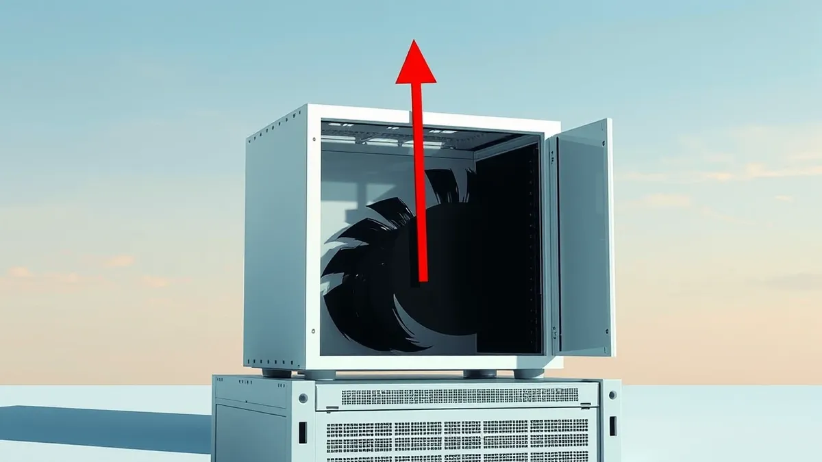 Illustration: A white server box sits on a metal rack with its side panel removed.