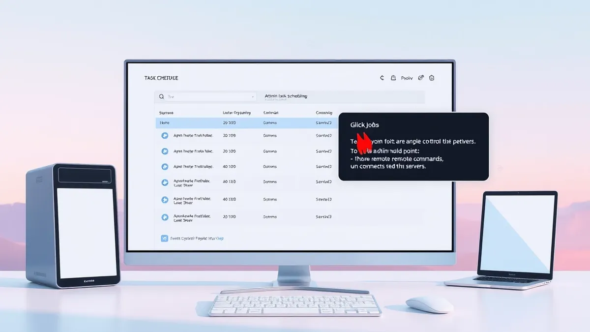 Illustration: A generic web browser window displays a simple task scheduling interface with a list of pending jobs.