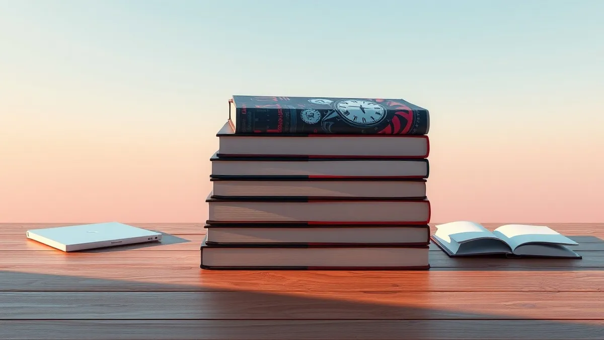 Illustration: A pristine stack of hardcover books sits on a wooden table, their jackets displaying vibrant but subtly surreal artwork.