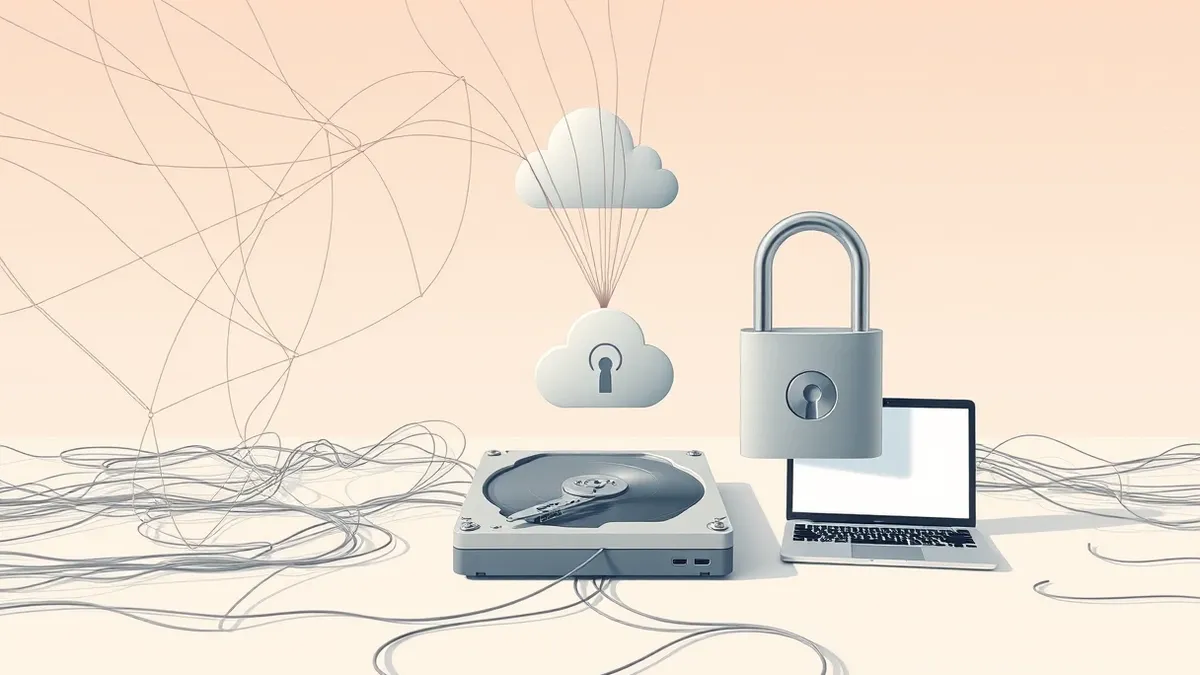 Illustration: A tangled web of thin grey threads pulls data from a central hard drive toward a distant cloud icon, while a heavy padlock snaps shut around the original storage unit