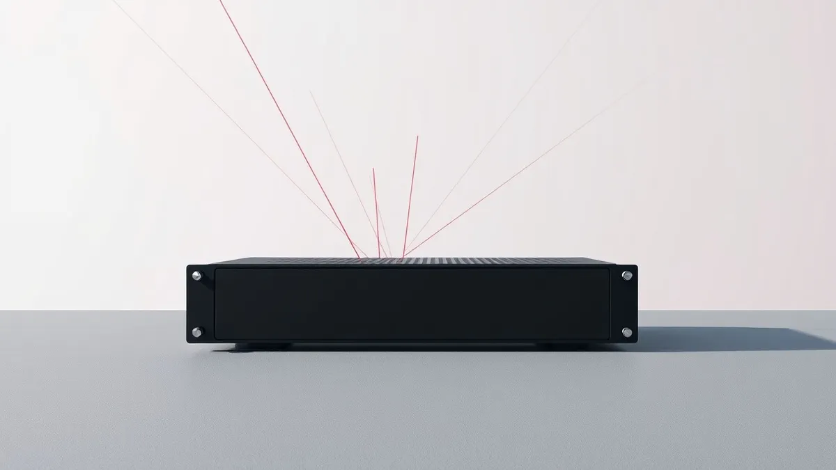 Illustration: A black network device with a blank front panel sits isolated on a gray surface.