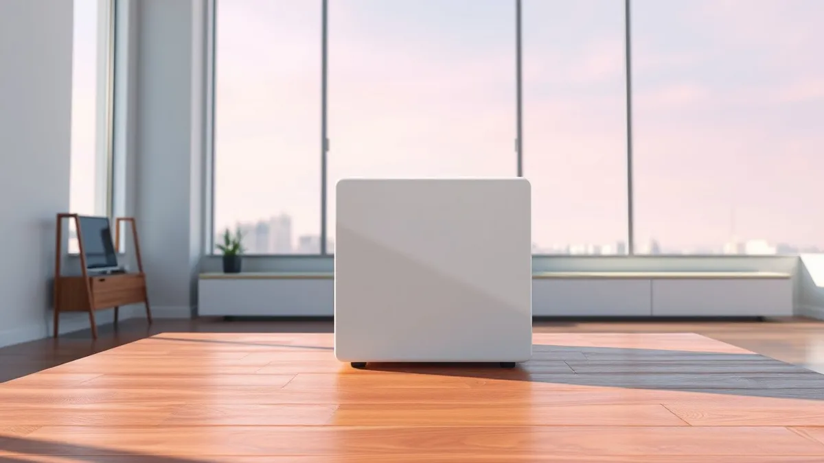 Illustration: A sleek, abstract geometric cube sits on a polished wooden table in a bright San Francisco loft.