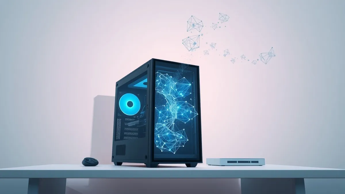 Illustration: A sleek black computer tower sits on a minimalist white desk.
