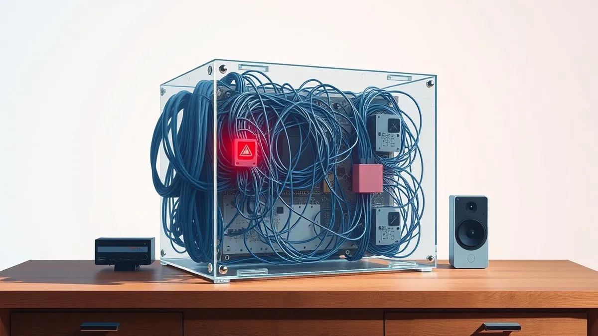 Illustration: A large, transparent glass cube sits on a wooden desk, containing a tangled mass of blue wires and gray circuit boards.