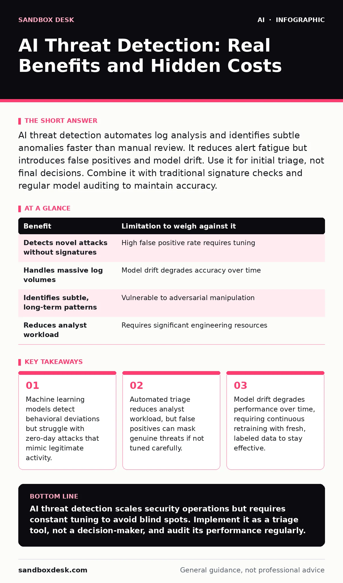 Infographic: AI Threat Detection: Real Benefits and Hidden Costs. Machine learning models detect behavioral deviations but struggle with zero-day attacks that mimic legitimate activity. Automated triage reduces analyst workload, but false positives can mask genuine threats if not tuned carefully. Mo