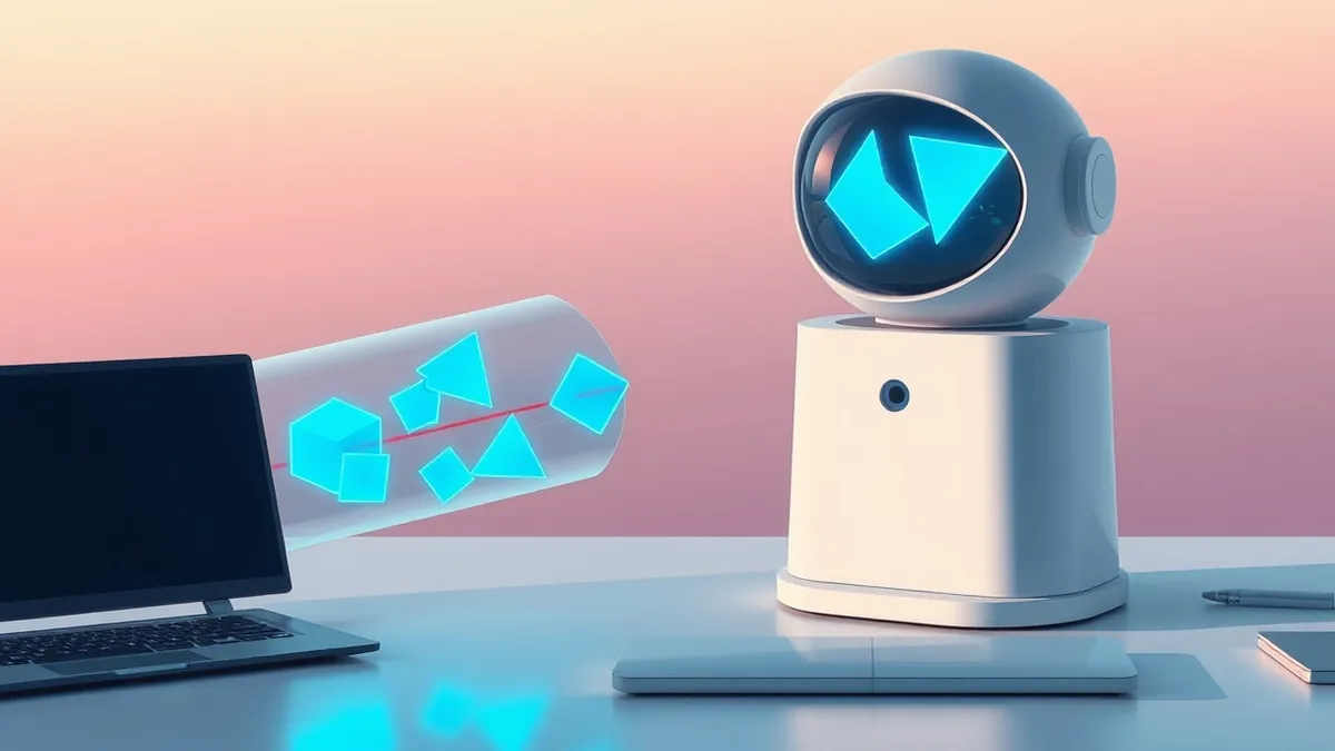 Illustration: A sleek white sensor sits on a desk, monitoring a stream of glowing blue geometric shapes that flow through a transparent tube.