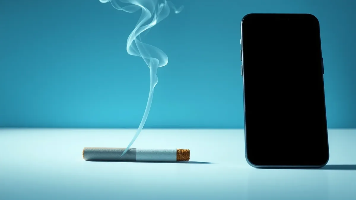 Illustration: A cigarette rests on a sterile white table next to a sleek, featureless black smartphone.