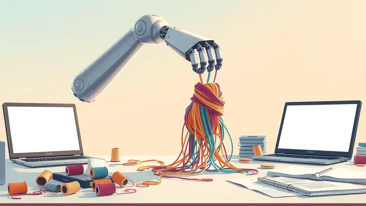 Illustration: A sleek silver robot arm adjusts a tangled knot of colorful threads on a desk, smoothing the fibers into a neat line.