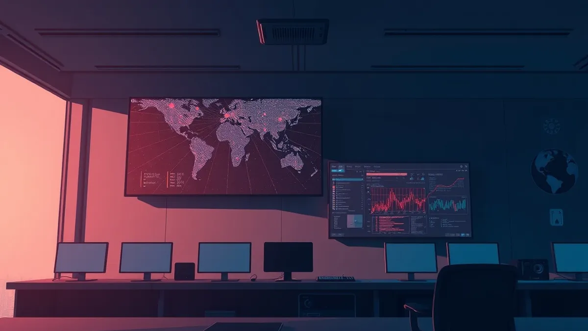 Illustration: A dimly lit security operations center features a large wall monitor displaying a complex network map with subtle red alert nodes.
