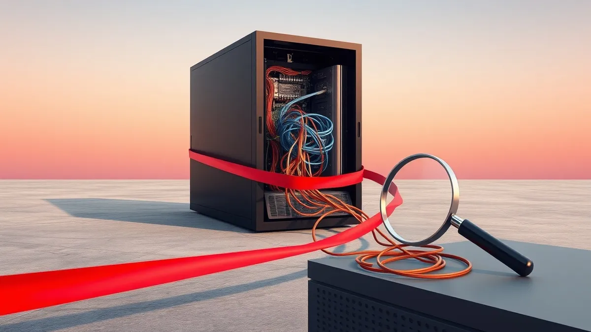 Illustration: A sleek black server unit sits isolated on a concrete floor, its front panel removed to expose intricate internal circuitry.