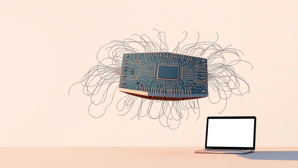 Illustration: A single neural network chip floats in mid air, its surface covered in intricate circuit patterns.