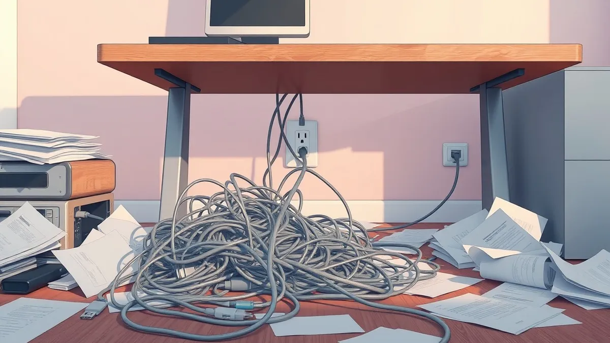 Illustration: A tangled mass of unlabelled USB cables and loose ethernet wires spills out from beneath a cluttered office desk, weaving through scattered papers to connect directly