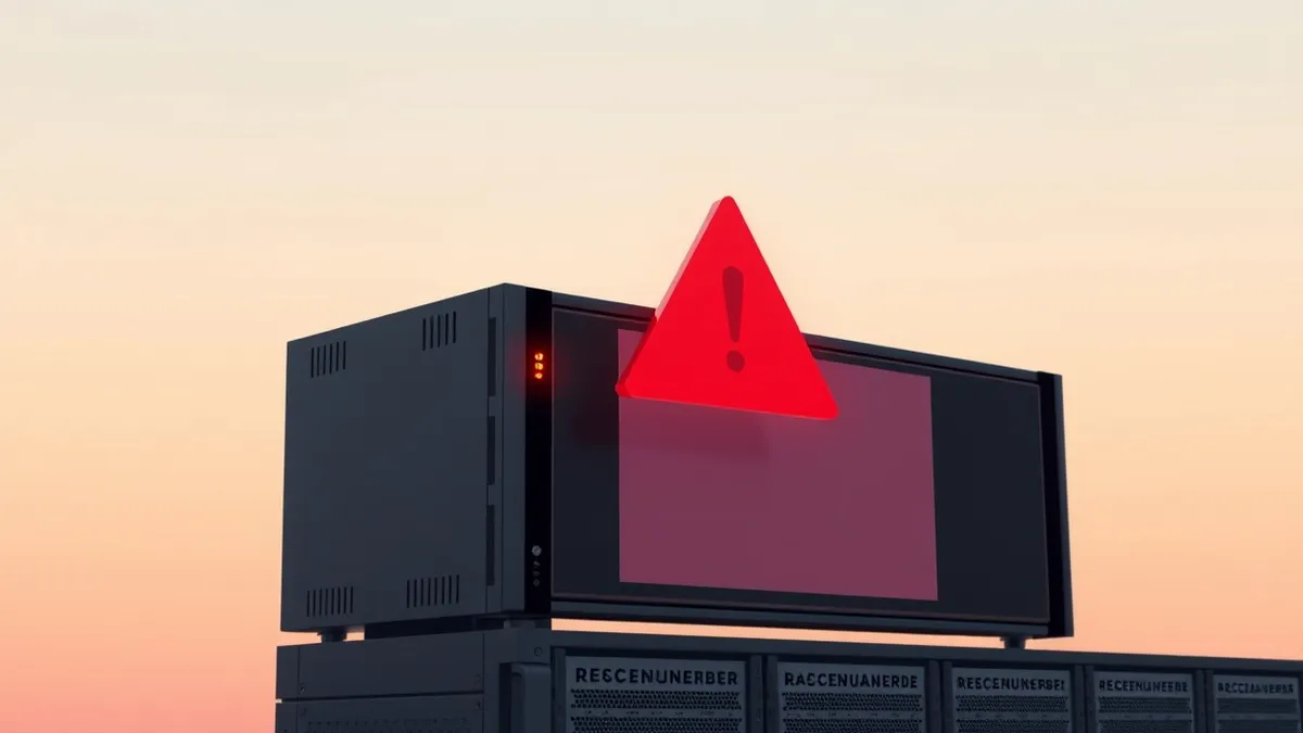 Illustration: A sleek, black network appliance sits on a server rack with its front panel illuminated by a single amber warning light.
