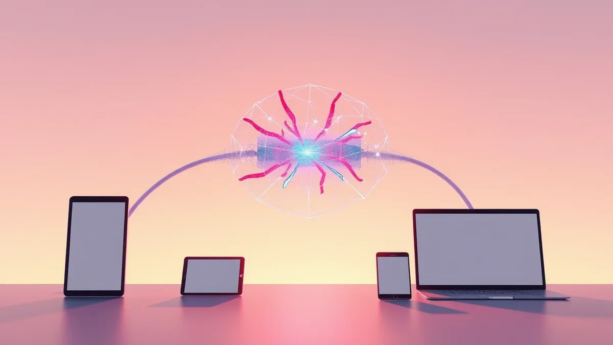 Illustration: A transparent geometric mesh wraps around a glowing network cable, filtering out distorted red shards while allowing clean blue signals to pass through, symbolizing t