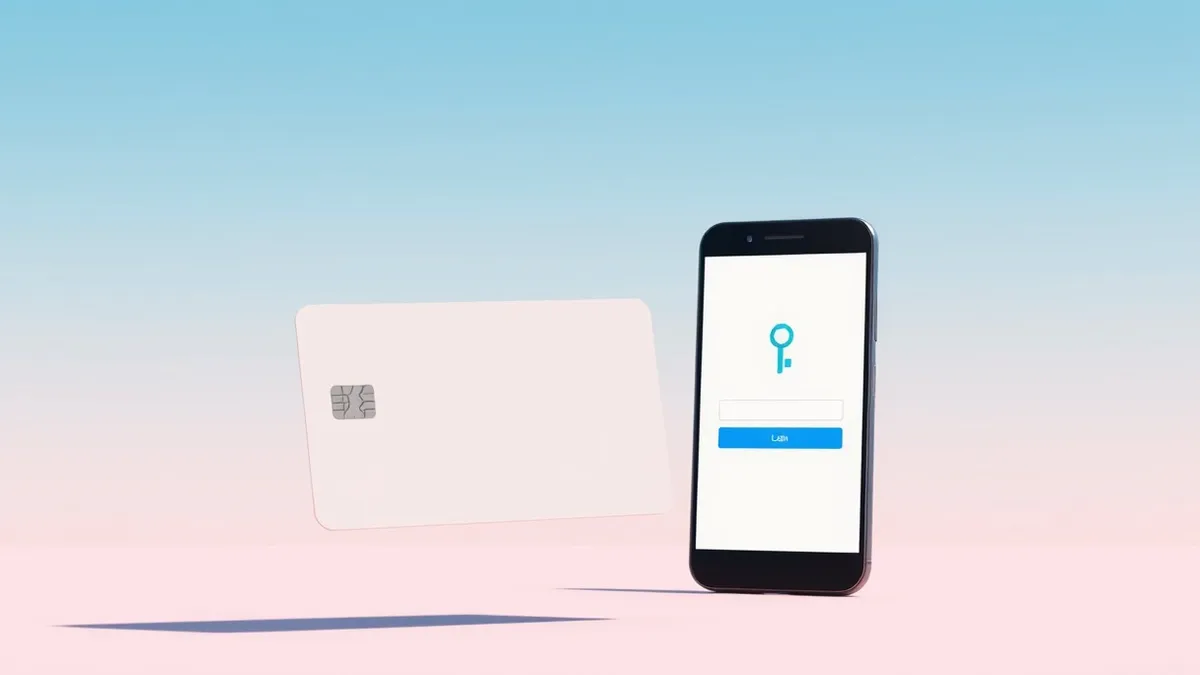 Illustration: A blank credit card floats next to a generic smartphone displaying a single login button.