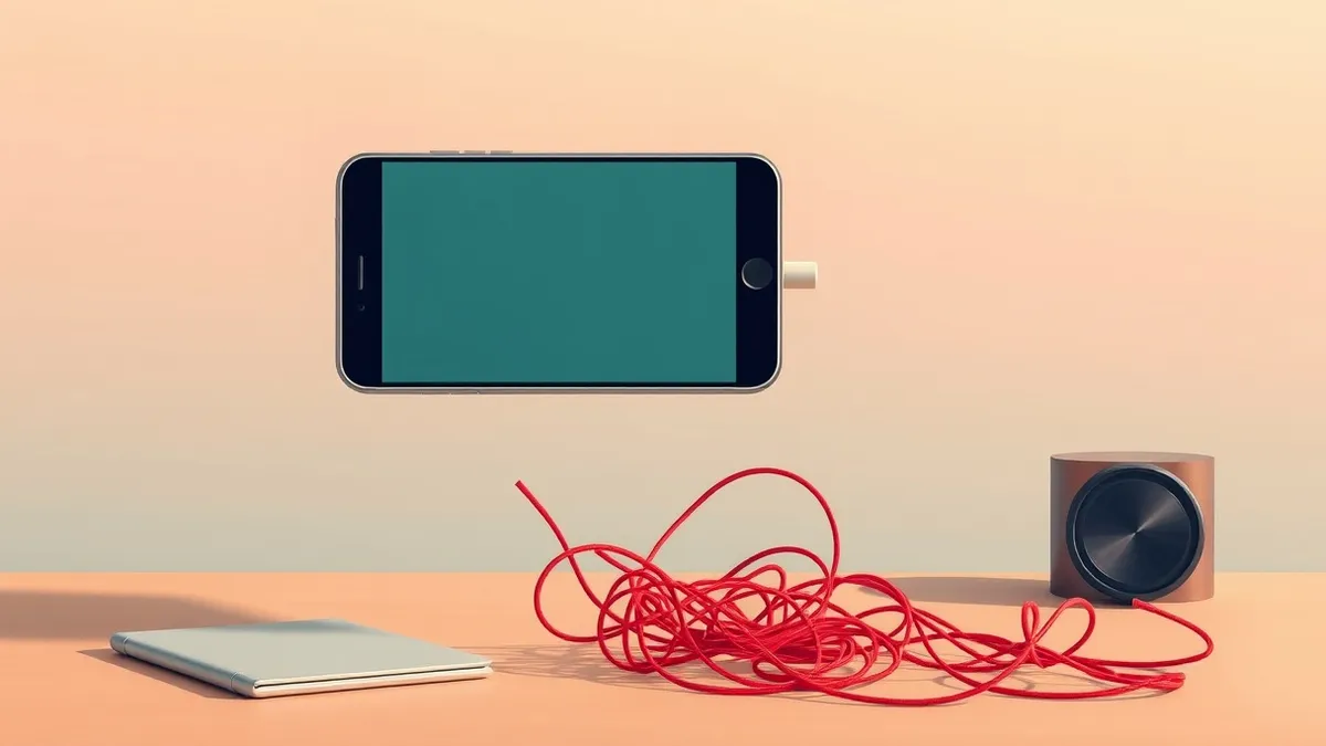 Illustration: A floating smartphone hovers above a desk, its screen blank and glowing faintly.