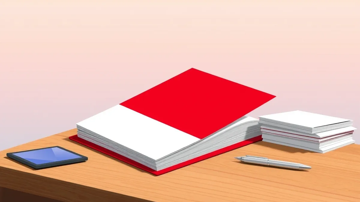 Illustration: A thick manual with a blank red cover lies open on a wooden desk, next to a silver pen and a stack of crisp white paper, signaling immediate changes to data retention
