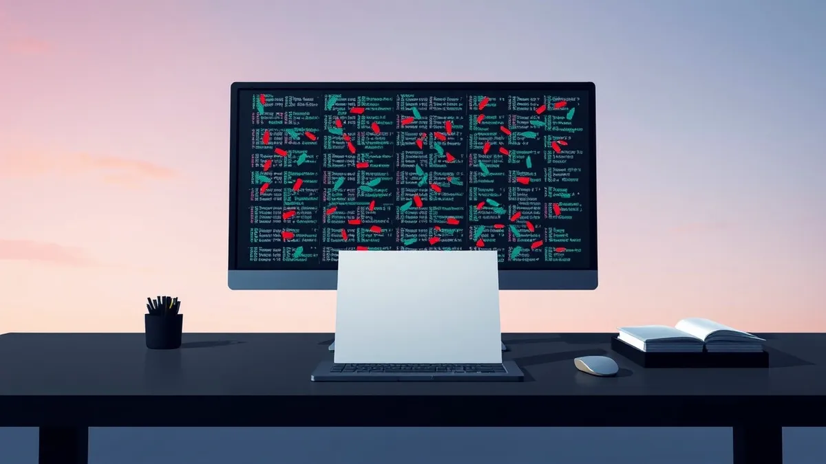 Illustration: A computer monitor displays a screen full of scrambled, colorful geometric shapes representing encrypted files.