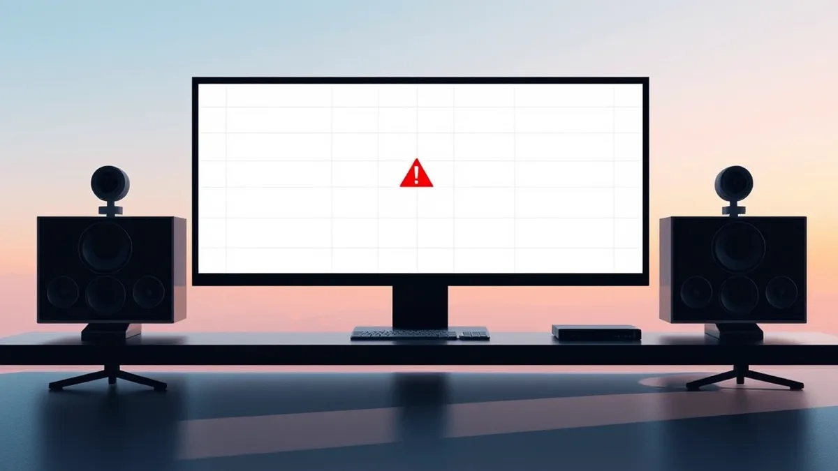 Illustration: A sleek security monitoring console sits on a dark desk, its large screen displaying blank abstract grid lines and simple geometric shapes.