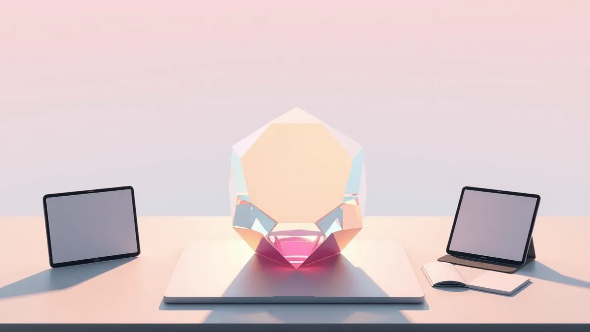 Illustration: A translucent geometric prism sits on a sleek desk, glowing with soft light.