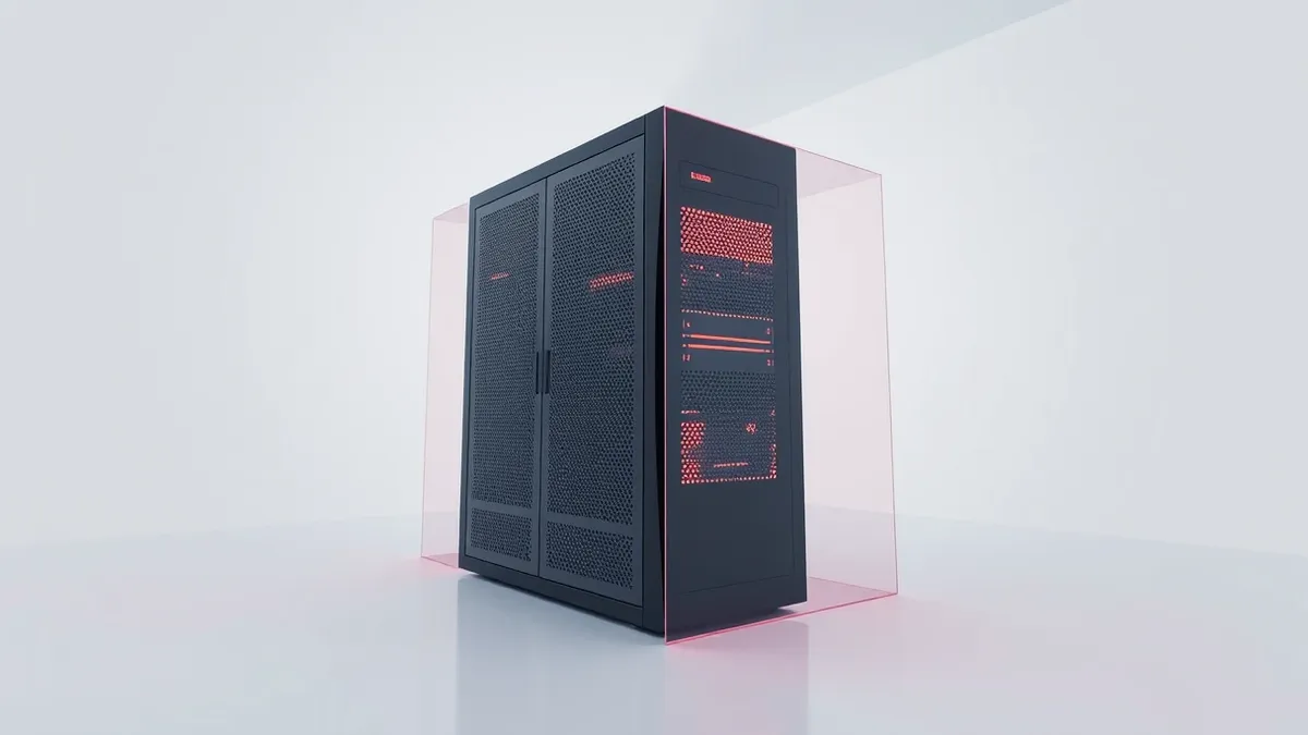 Illustration: A sleek black server unit sits isolated in a sterile white room, surrounded by a translucent geometric shield that blocks external arrows while allowing internal data