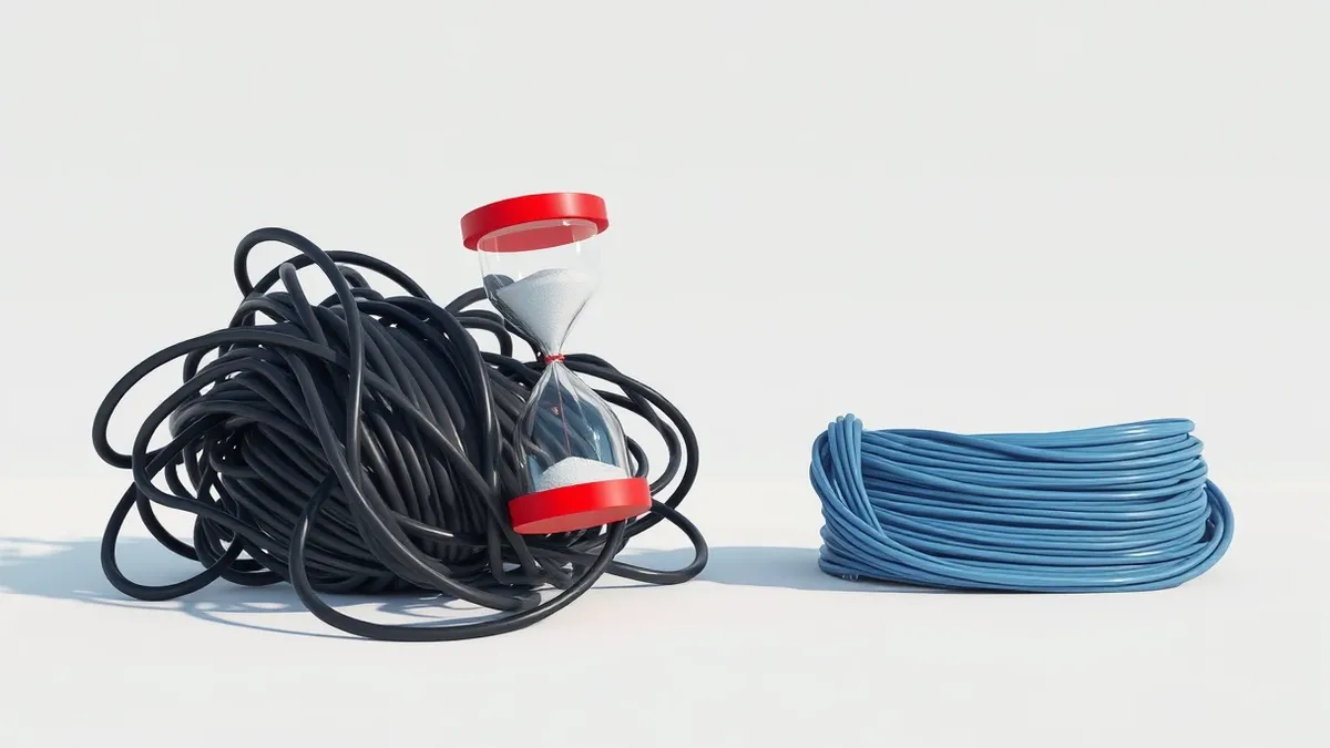 Illustration: A tangled knot of thick black cables sits beside a neat row of straight blue wires.
