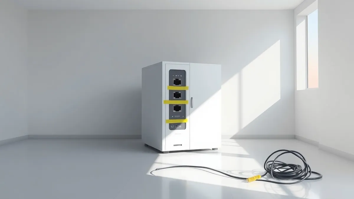Illustration: A sleek white server unit sits isolated in a quiet room, its network ports sealed with bright yellow tape.