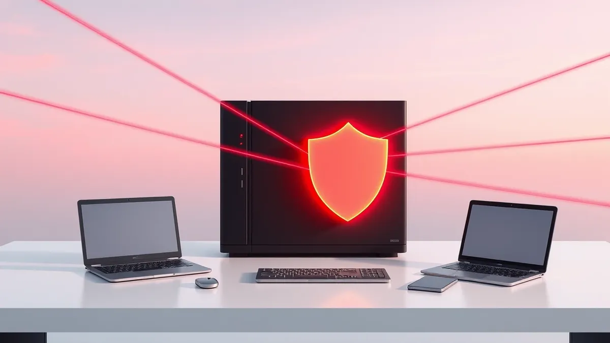 Illustration: A sleek black network firewall sits on a sterile white desk.