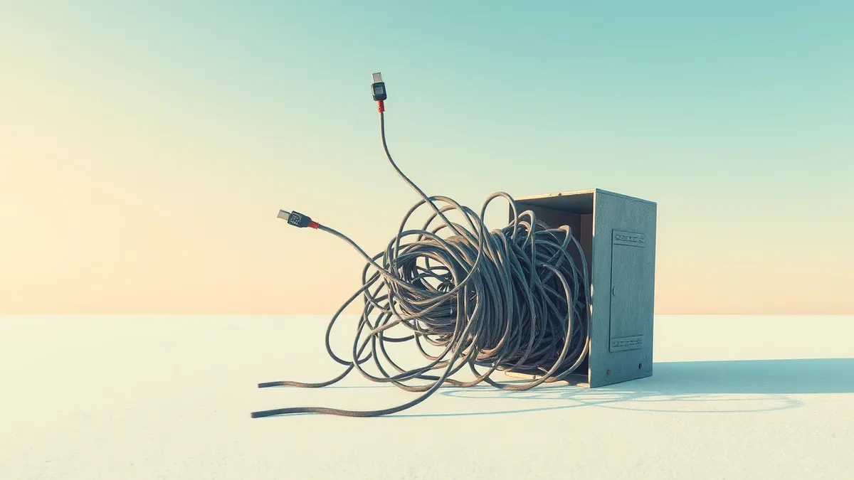 Illustration: A tangled knot of gray wires spills from a cracked metal box, looping through empty space.